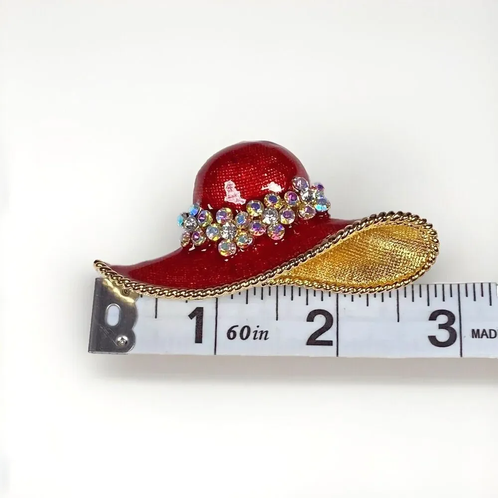 Vintage Red Hat Brooch Aurora Borealis Gold Tone Rhinestone Flower Enameled Pin